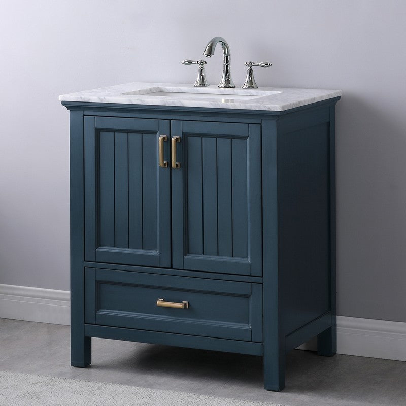 Altair - Isla 30" Single Bathroom Vanity Set in Gray/Classic Blue/White and Carrara White Marble Countertop without Mirror | 538030-XX-CA-NM