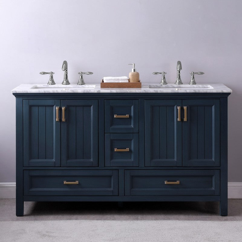 Altair - Isla 60" Double Bathroom Vanity Set in Gray/Classic Blue/White and Carrara White Marble Countertop with Mirror | 538060-XX-CA