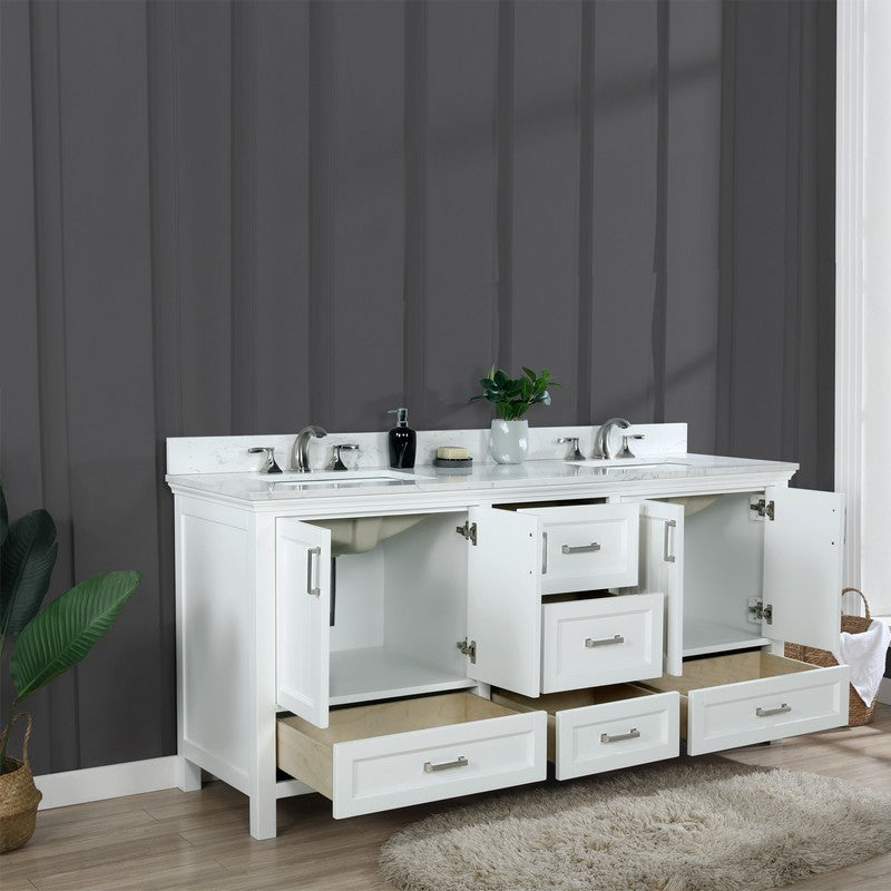 Altair - Isla 72" Double Bathroom Vanity Set in White and Carrara White Marble Countertop without Mirror | 538072-WH-AW-NM