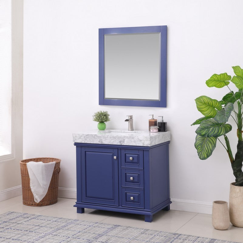 Altair - Jardin 36" Single Bathroom Vanity Set in Jewelry Blue/White and Carrara White Marble Countertop with Mirror | 539036-XX-CA
