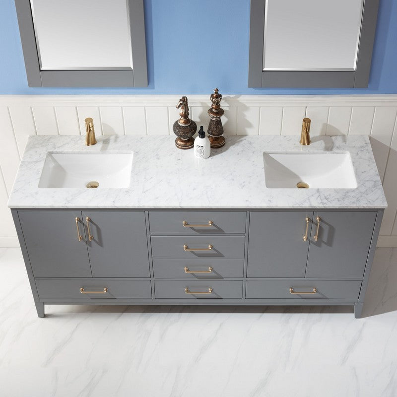 Altair - Sutton 72" Double Bathroom Vanity Set in Gray/Royal Green/White and Carrara White Marble Countertop with Mirror | 541072-XX-CA