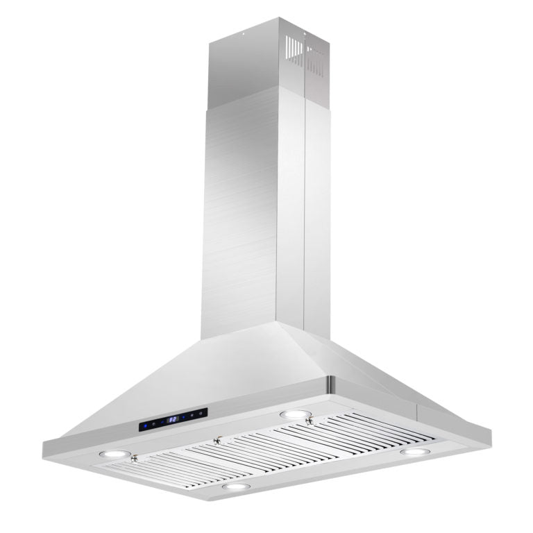 Cosmo - 36 in. Ductless Island Range Hood with Soft Touch Controls, LED Lights, and Permanent Filters in Stainless Steel | COS-63ISS90-DL