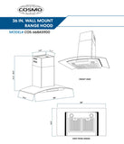 Cosmo - 36 in. Ductless Wall Mount Range Hood in Stainless Steel with LED Lighting and Carbon Filter Kit for Recirculating | COS-668AS900-DL