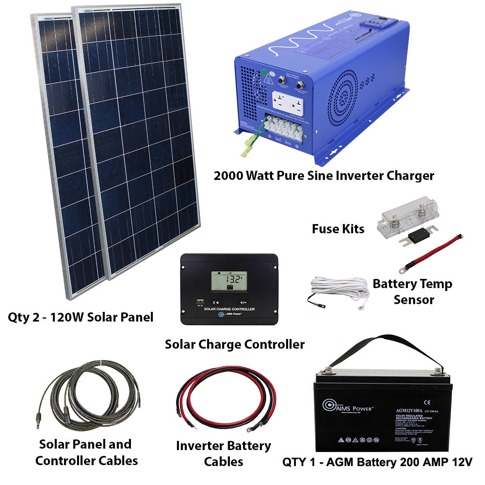 Aims Power - 240 WATT SOLAR WITH 2000 WATT PURE SINE INVERTER CHARGER KIT OFF GRID - KITB-2K12120-A1