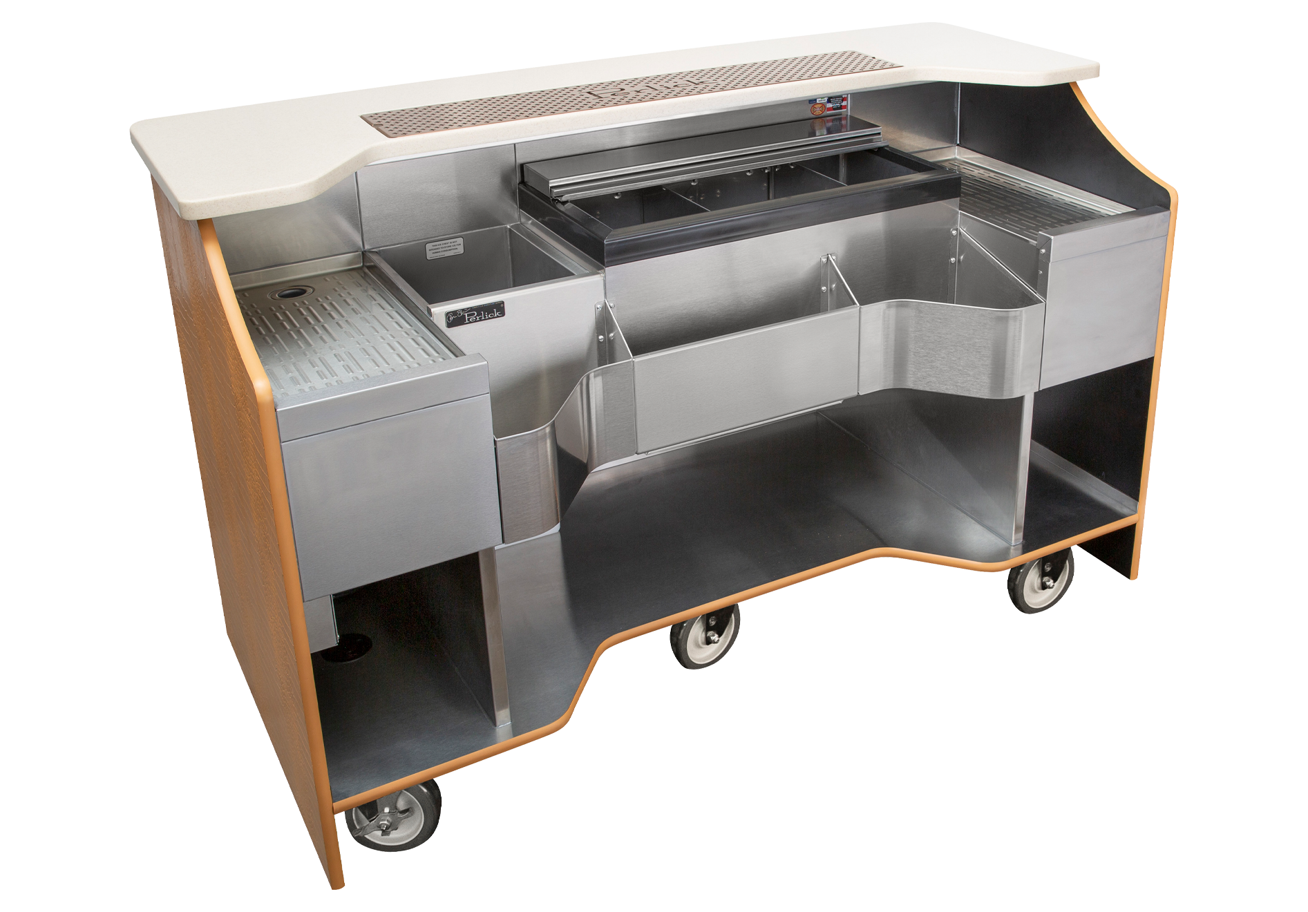 Perlick - 70” Tobin Ellis Signature Series Limited Edition Mobile Bar: two drainboards, bottle well, ice chest, and bottle rail  - RMB-001