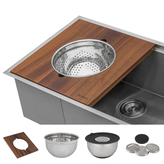 Ruvati Dual-Tier Wood platform with 5 quart mixing bowl and colander (complete set) for Workstation Sinks – RVA1288
