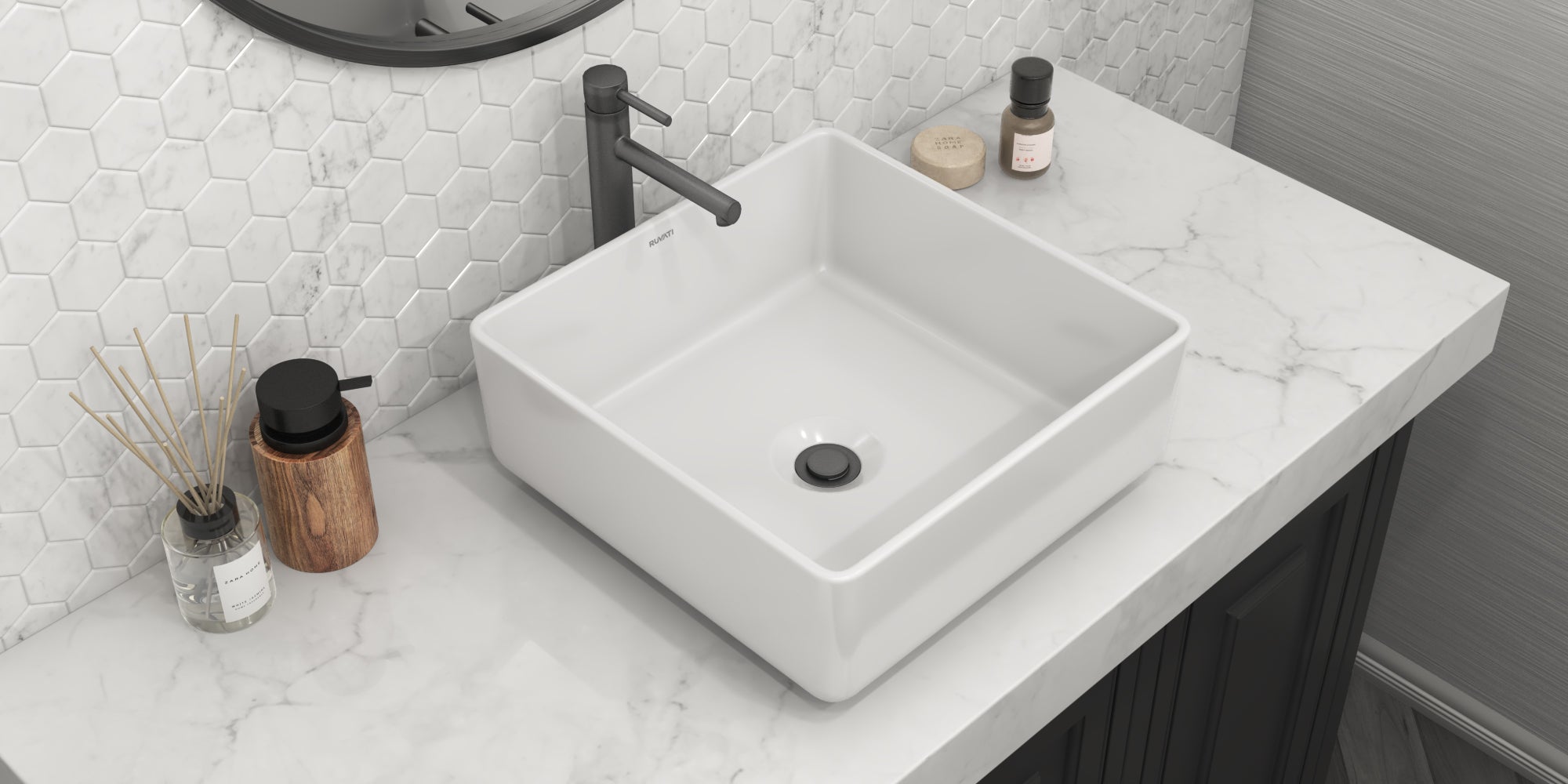 15 x 15 inch Bathroom Vessel Sink White Square Above Counter Porcelain Ceramic