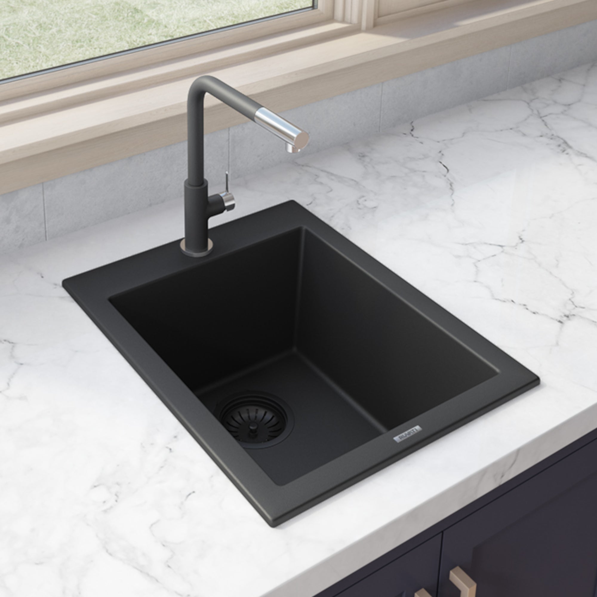 Ruvati 16 x 20 inch epiGranite Drop-in Topmount Granite Composite Single Bowl Kitchen Sink – Midnight Black – RVG1016BK