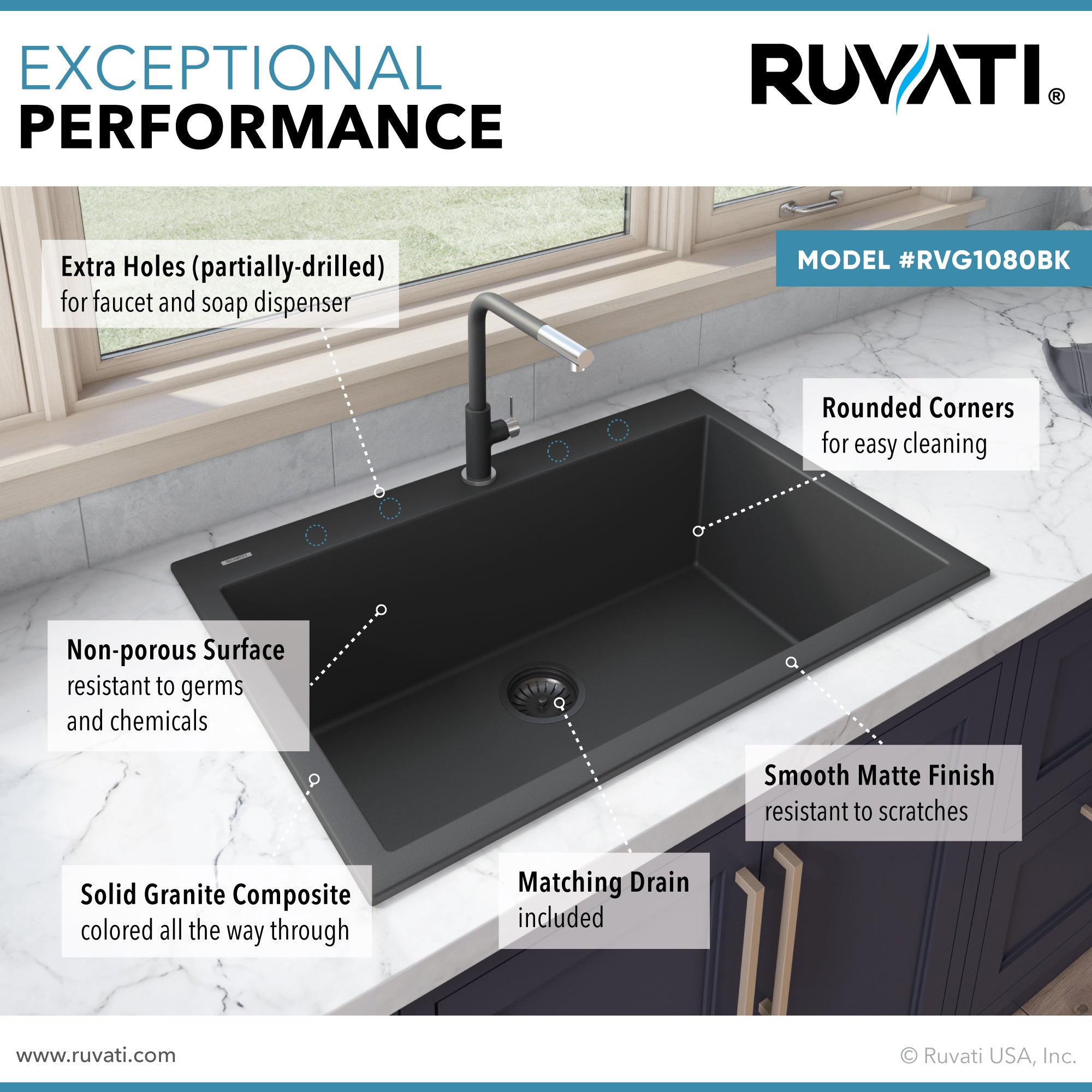 Ruvati 30 x 20 inch epiGranite Drop-in Topmount Granite Composite Single Bowl Kitchen Sink – Midnight Black – RVG1030BK