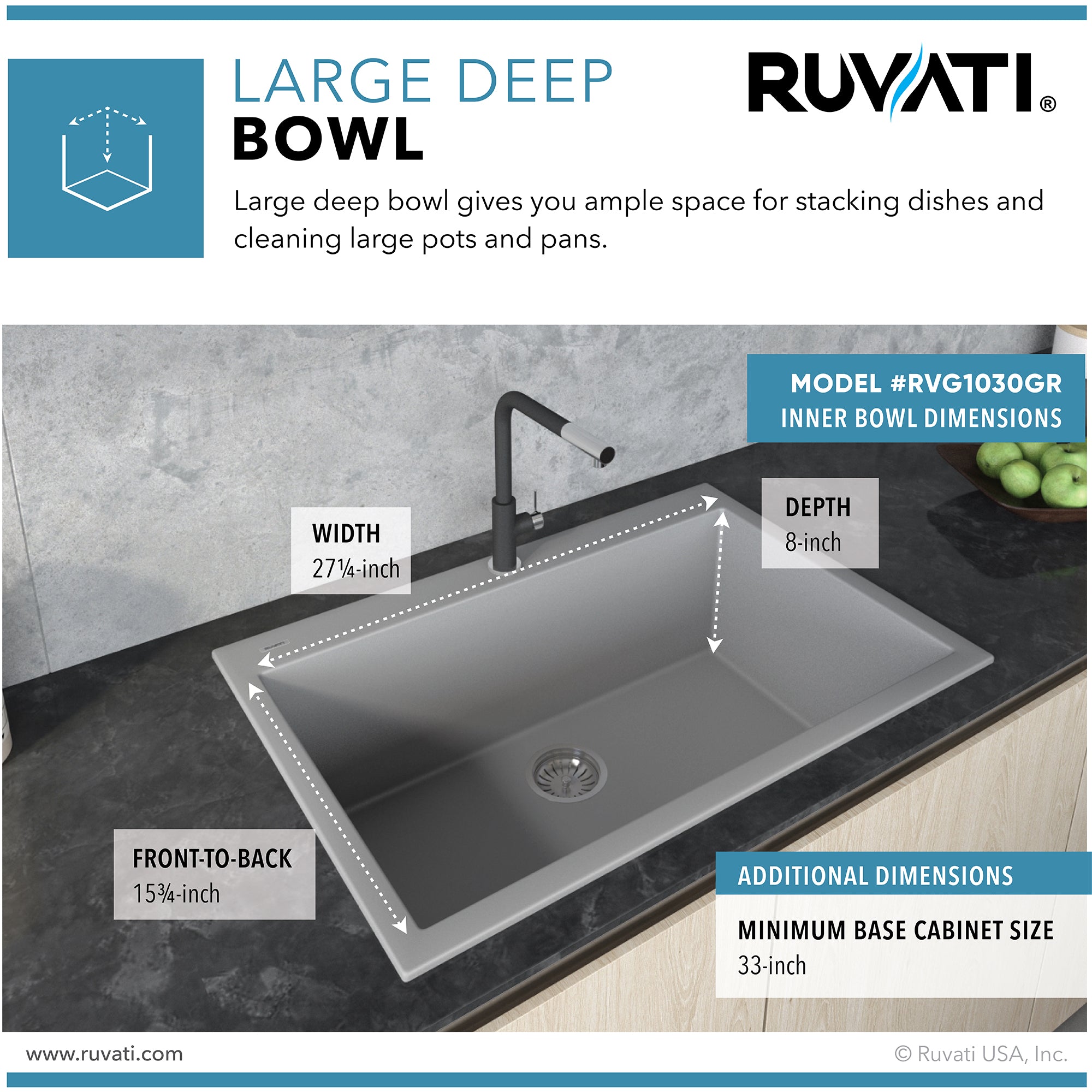 Ruvati 30 x 20 inch epiGranite Drop-in Topmount Granite Composite Single Bowl Kitchen Sink – Silver Gray – RVG1030GR