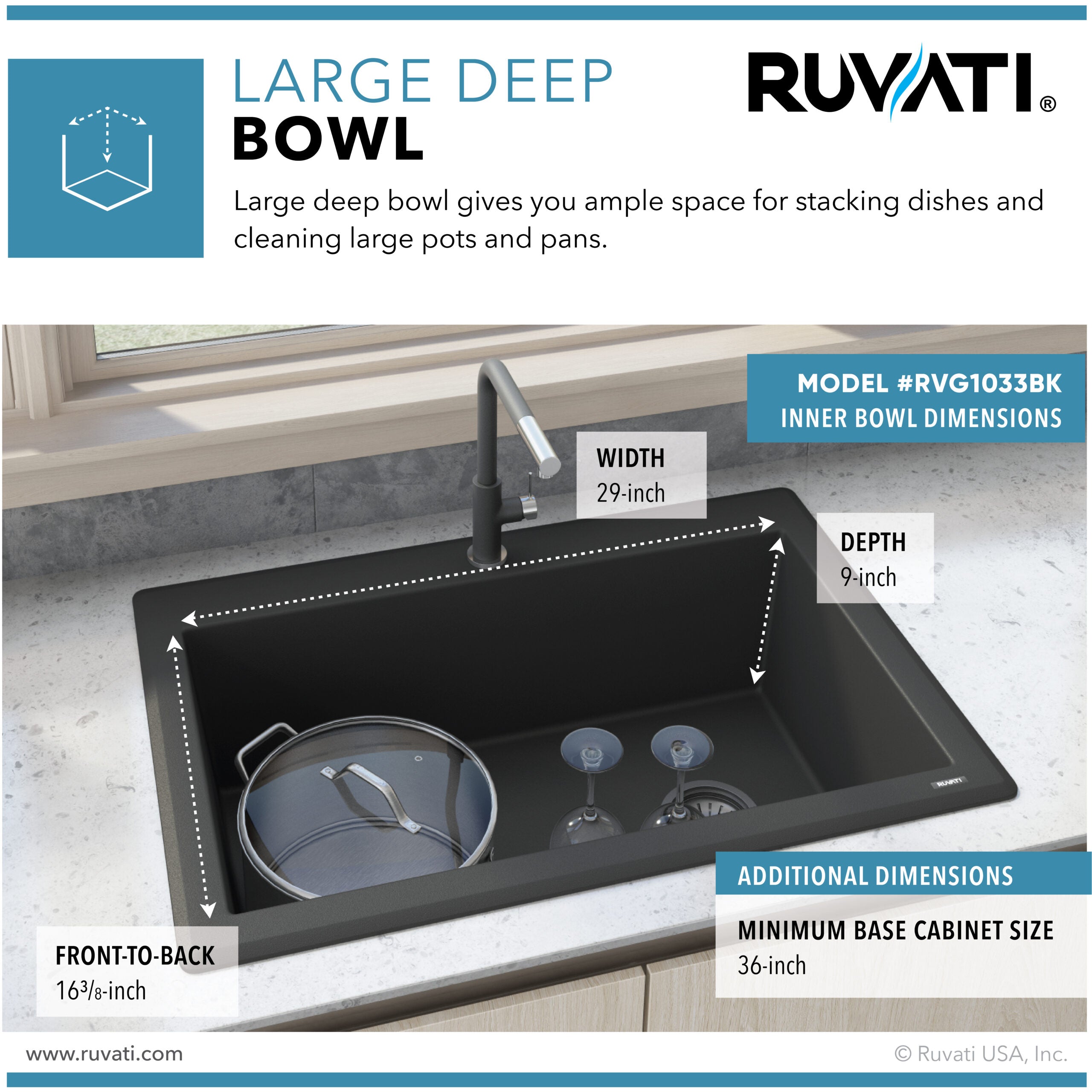 Ruvati 33 x 22 inch epiGranite Drop-in Topmount Granite Composite Single Bowl Kitchen Sink – Midnight Black – RVG1033BK
