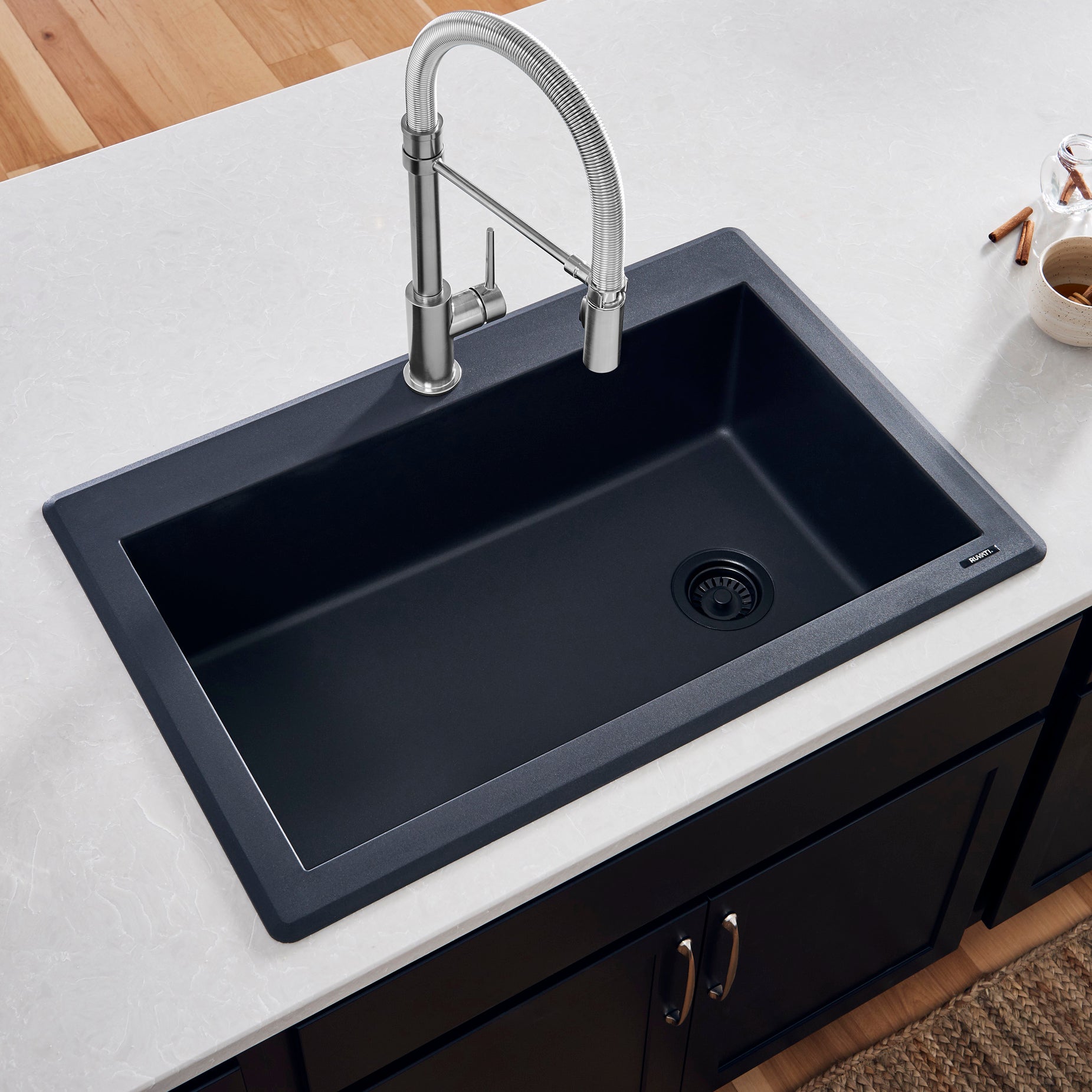 Ruvati 33 x 22 inch epiGranite Drop-in Topmount Granite Composite Single Bowl Kitchen Sink – Midnight Black – RVG1033BK