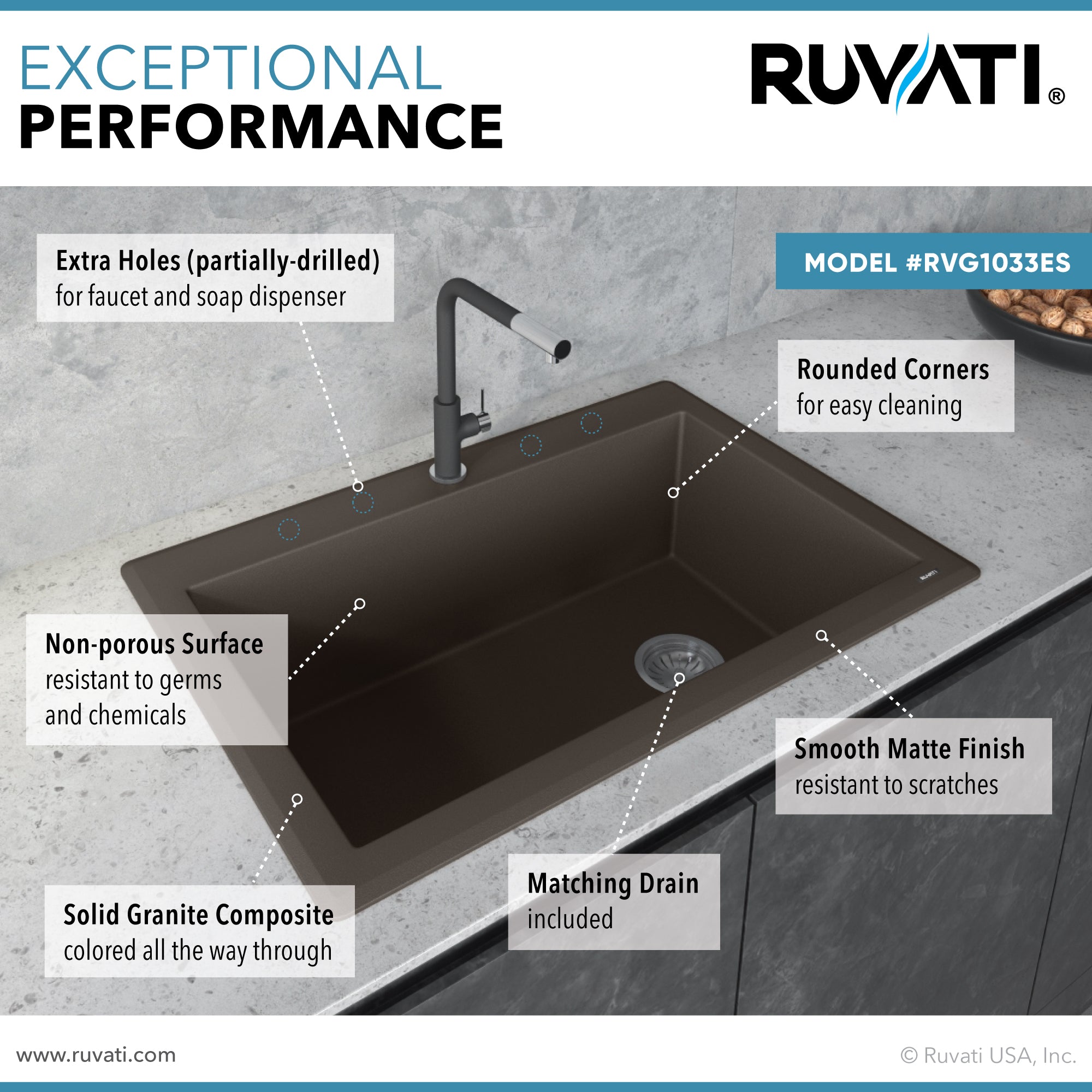Ruvati 33 x 22 inch epiGranite Drop-in Topmount Granite Composite Single Bowl Kitchen Sink – Espresso Brown – RVG1033ES