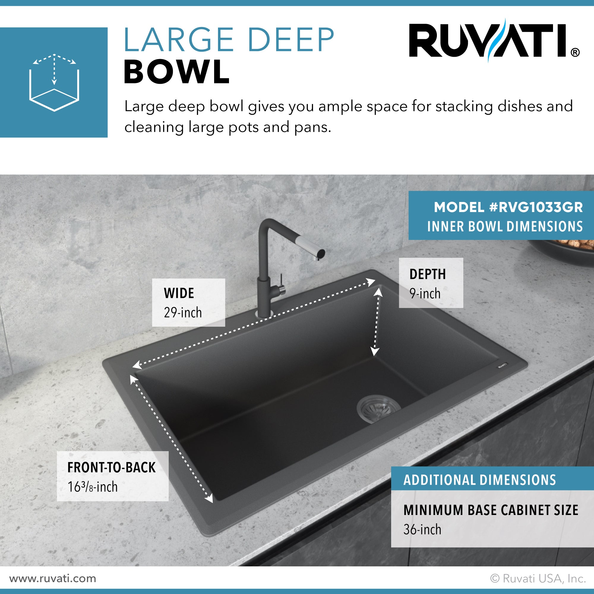 Ruvati 33 x 22 inch epiGranite Drop-in Topmount Granite Composite Single Bowl Kitchen Sink – Urban Gray – RVG1033GR