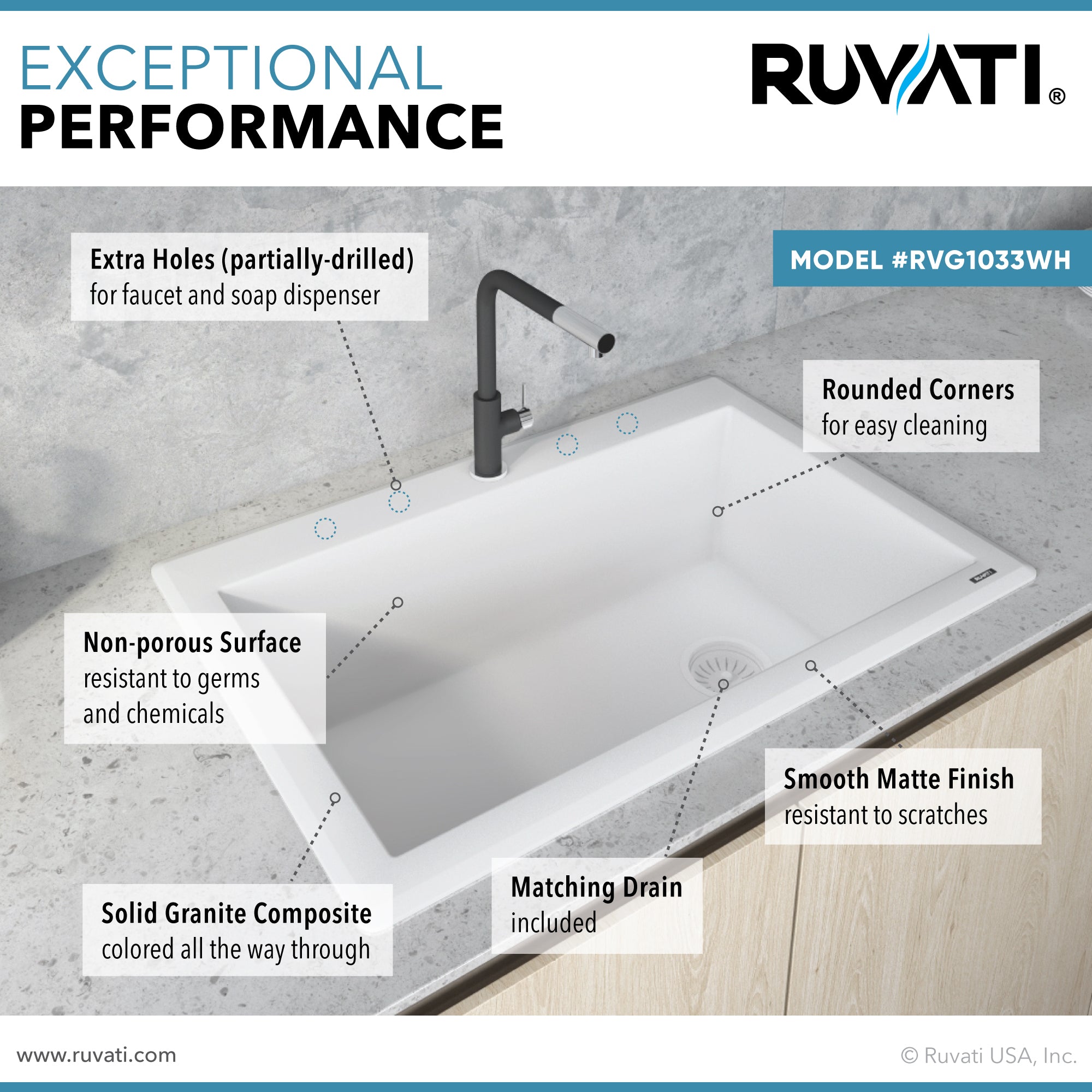 Ruvati 33 x 22 inch epiGranite Drop-in Topmount Granite Composite Single Bowl Kitchen Sink – Arctic White – RVG1033WH