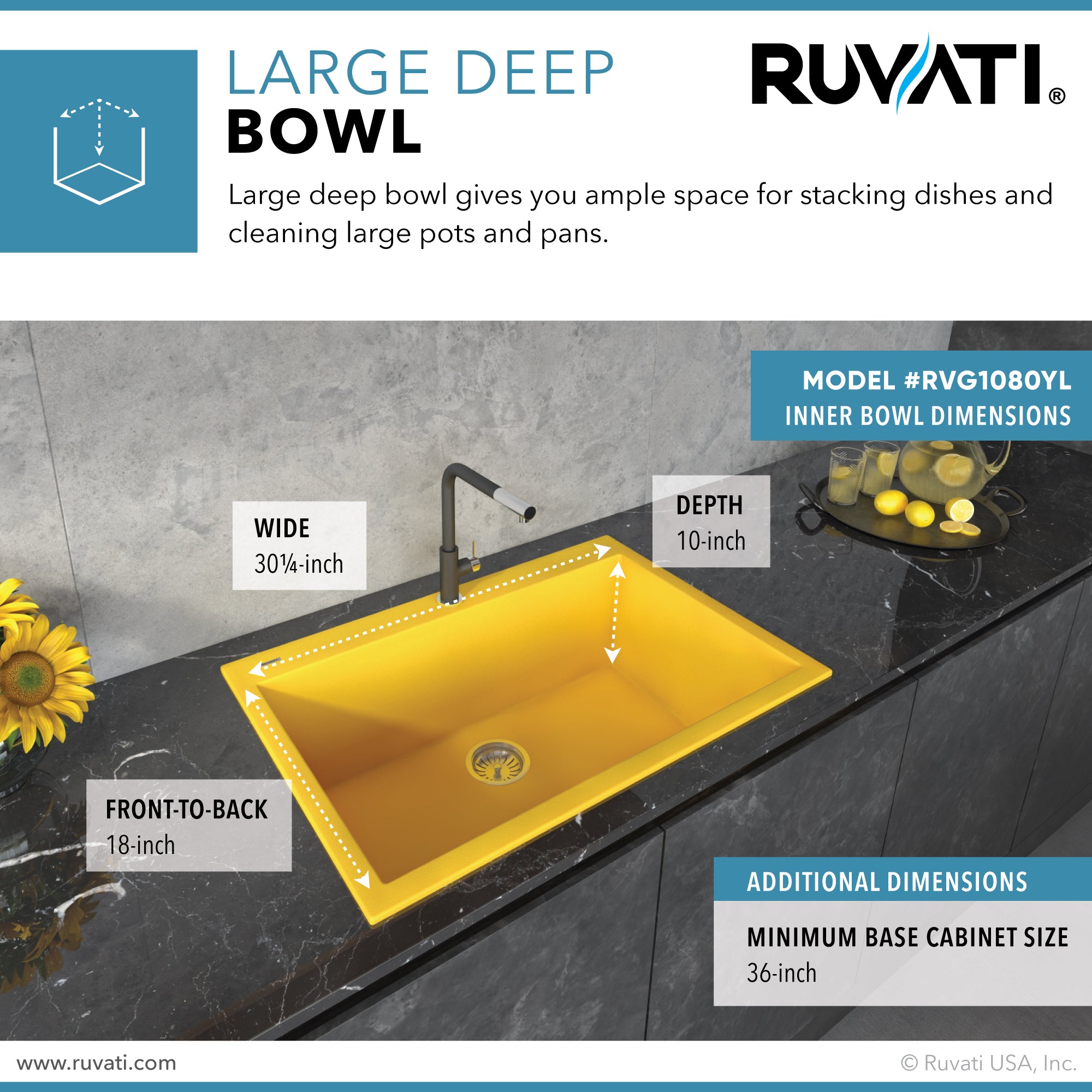 33 x 22 inch Granite Composite Drop-in Topmount Kitchen Sink Single Bowl – Midas Yellow