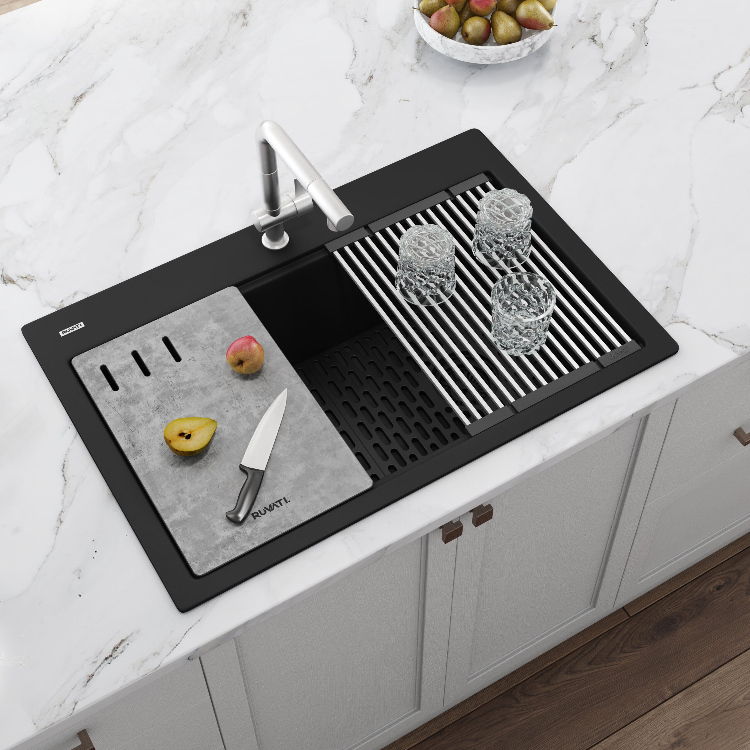 Ruvati 33-inch Granite Composite Workstation Matte Black Drop-in Topmount Kitchen Sink – RVG1302BK