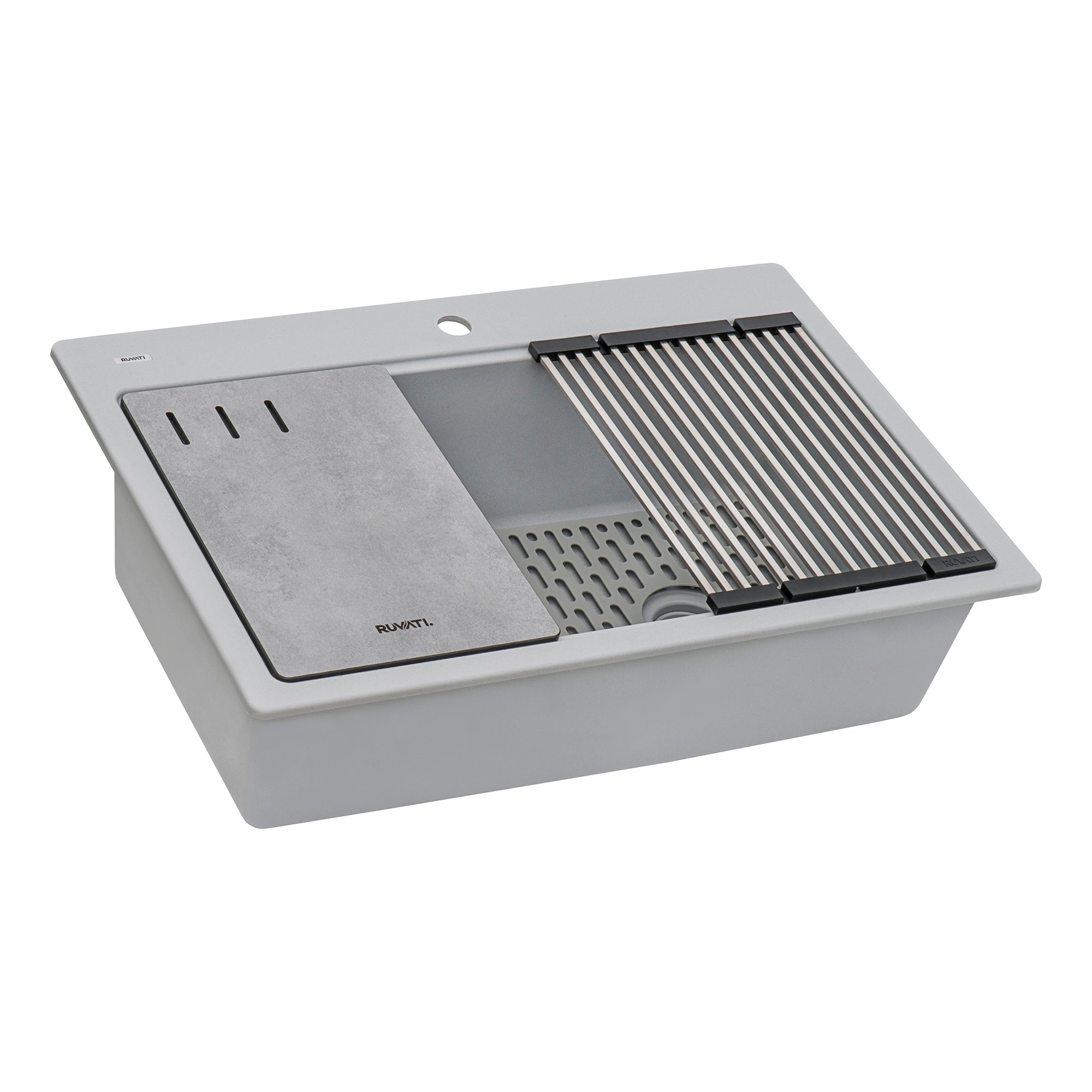 Ruvati 33-inch Granite Composite Workstation Drop-in Topmount Kitchen Sink Silver Gray – RVG1302GR