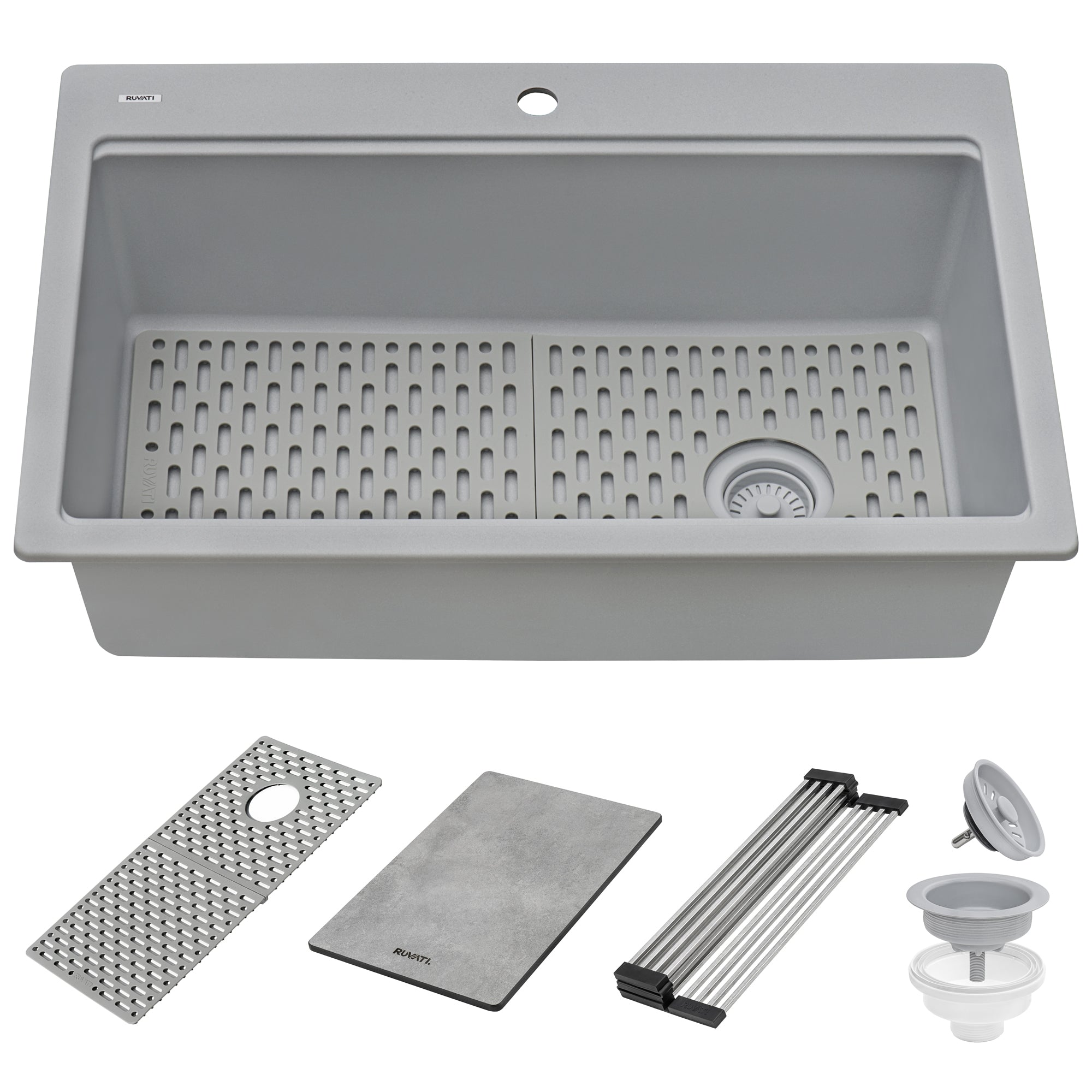 Ruvati 33-inch Granite Composite Workstation Drop-in Topmount Kitchen Sink Silver Gray – RVG1302GR