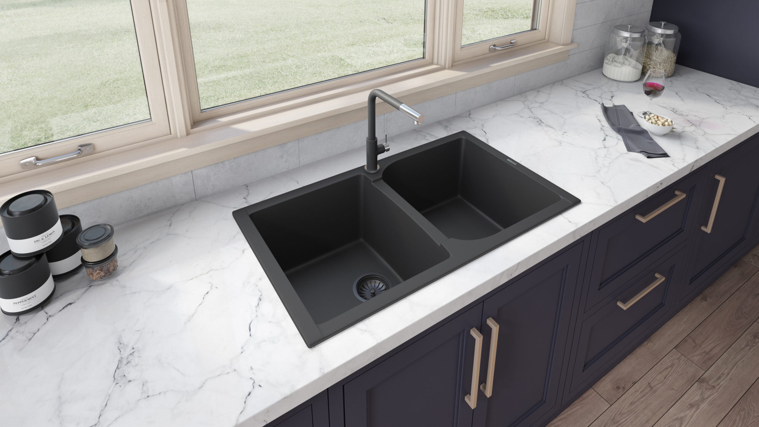 34 x 20 inch epiGranite Dual-Mount Granite Composite Double Bowl Kitchen Sink – Midnight Black