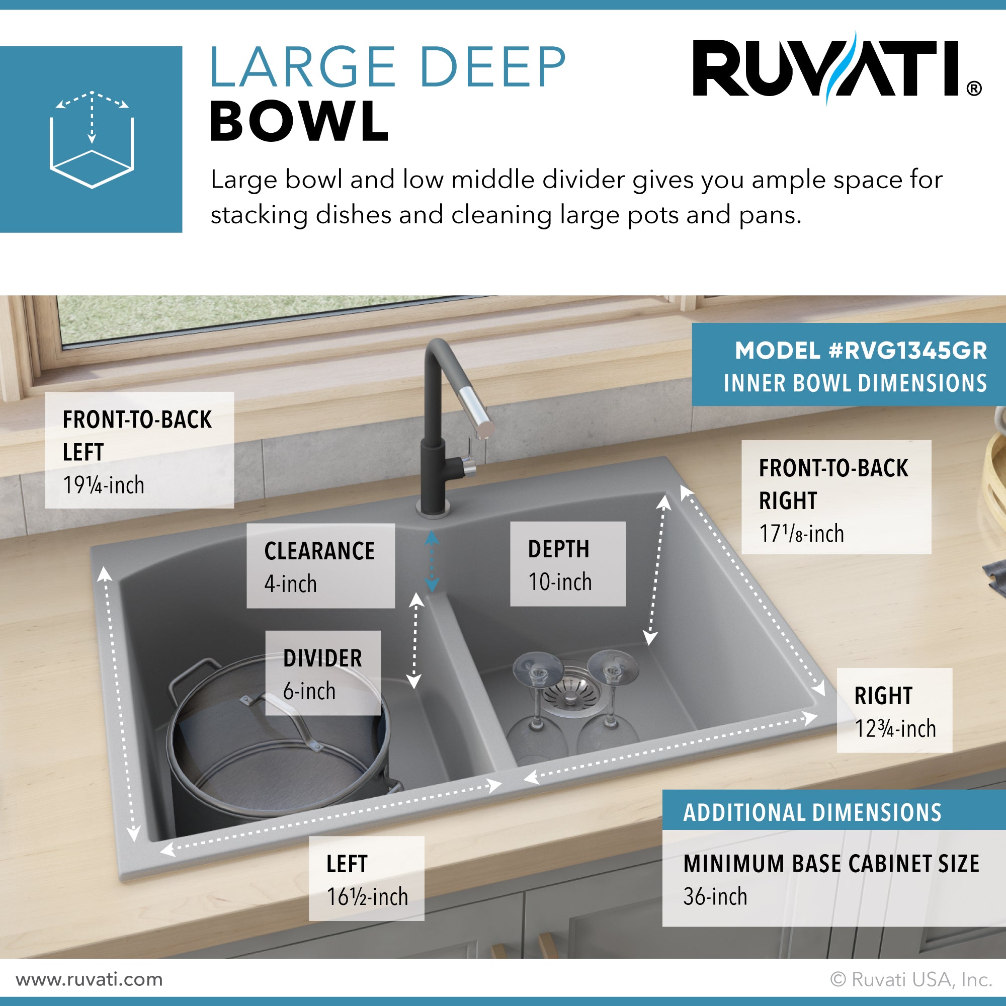 Ruvati 33 x 22 inch epiGranite Drop-in Topmount Granite Composite Double Bowl Kitchen Sink – Silver Gray – RVG1345GR