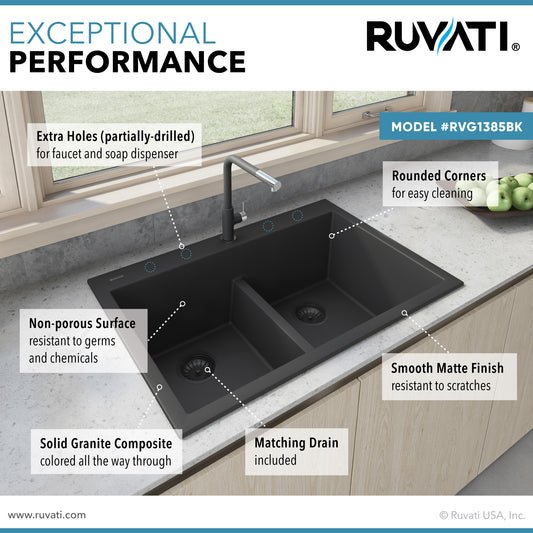 Ruvati 33 x 22 inch epiGranite Drop-in TopMount Granite Composite Double Bowl Low Divide Kitchen Sink – Midnight Black – RVG1385BK