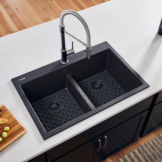 Ruvati 33 x 22 inch epiGranite Drop-in TopMount Granite Composite Double Bowl Low Divide Kitchen Sink – Midnight Black – RVG1385BK