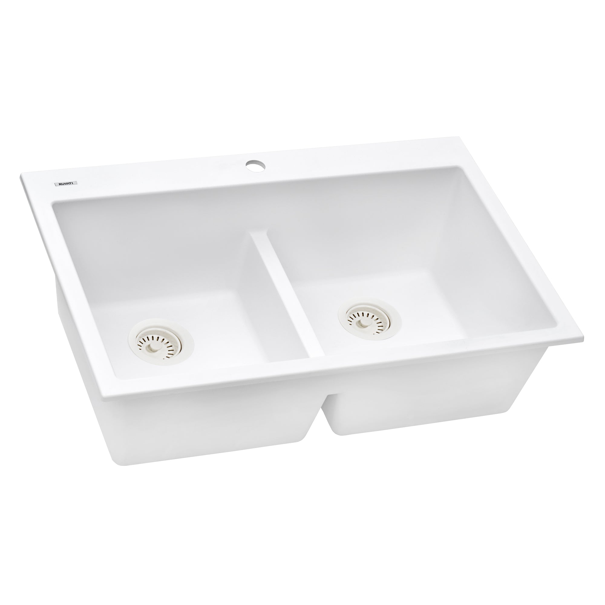Ruvati 33 x 22 inch epiGranite Drop-in TopMount Granite Composite Double Bowl Low Divide Kitchen Sink – Arctic White – RVG1385WH