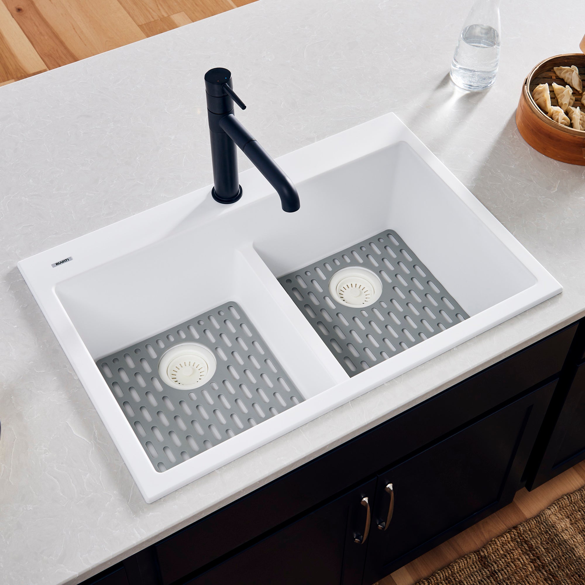 Ruvati 33 x 22 inch epiGranite Drop-in TopMount Granite Composite Double Bowl Low Divide Kitchen Sink – Arctic White – RVG1385WH