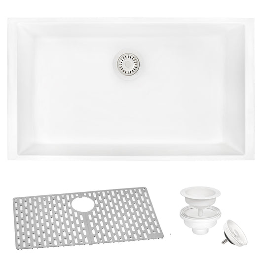 33 x 19 inch Granite Composite Undermount Single Bowl Kitchen Sink – Arctic White