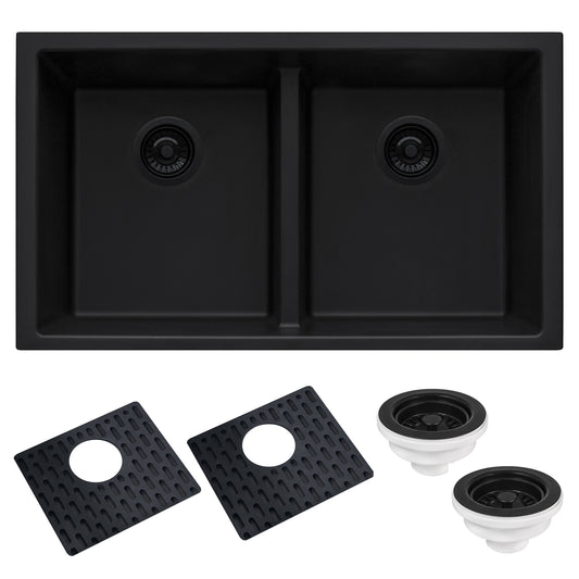 33 x 19 inch Granite Composite Undermount Double Bowl Low Divide Kitchen Sink – Midnight Black