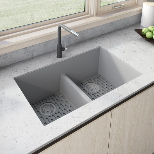33 x 19 inch Granite Composite Undermount Double Bowl Low Divide Kitchen Sink – Silver Gray