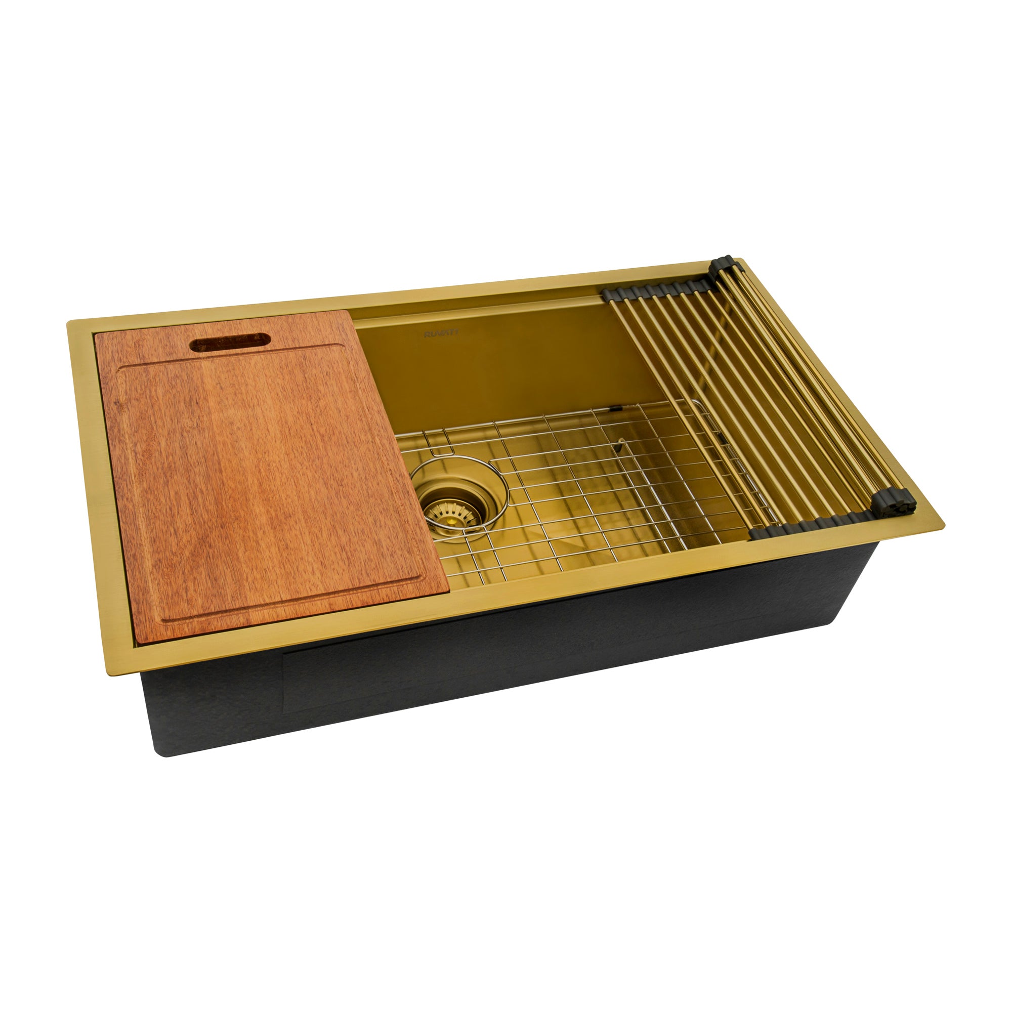 Ruvati 33 inch Polished Brass Matte Gold Workstation Undermount Kitchen Sink Single Bowl – RVH6533GG