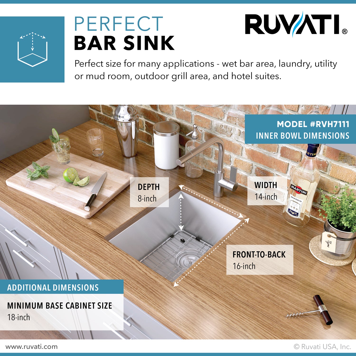 16-inch Undermount 16 Gauge Zero Radius Bar Prep Sink Stainless Steel Single Bowl