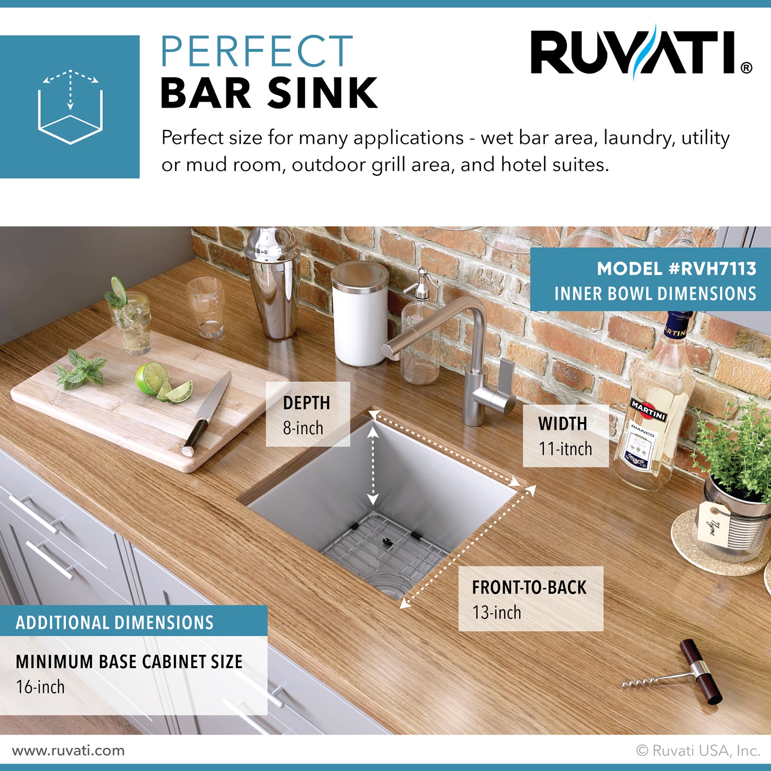13 x 15 inch Undermount 16 Gauge Zero Raduis Bar Prep Kitchen Sink Stainless Steel Single Bowl