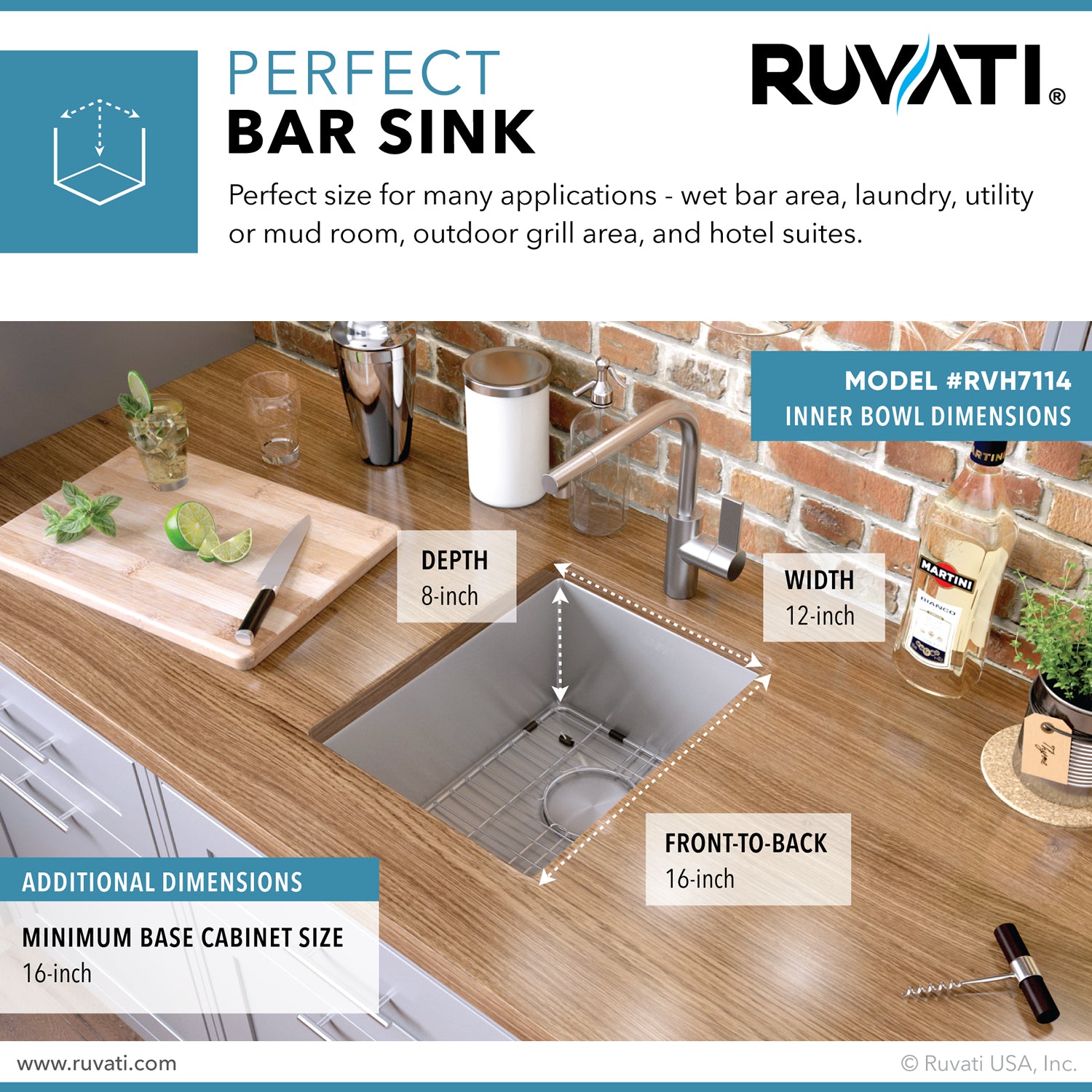 14-inch Undermount 16 Gauge Tight Radius Bar Prep Sink Stainless Steel Single Bowl