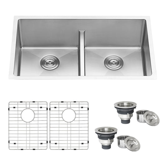 32-inch Low-Divide Undermount Tight Radius 50/50 Double Bowl 16 Gauge Stainless Steel Kitchen Sink