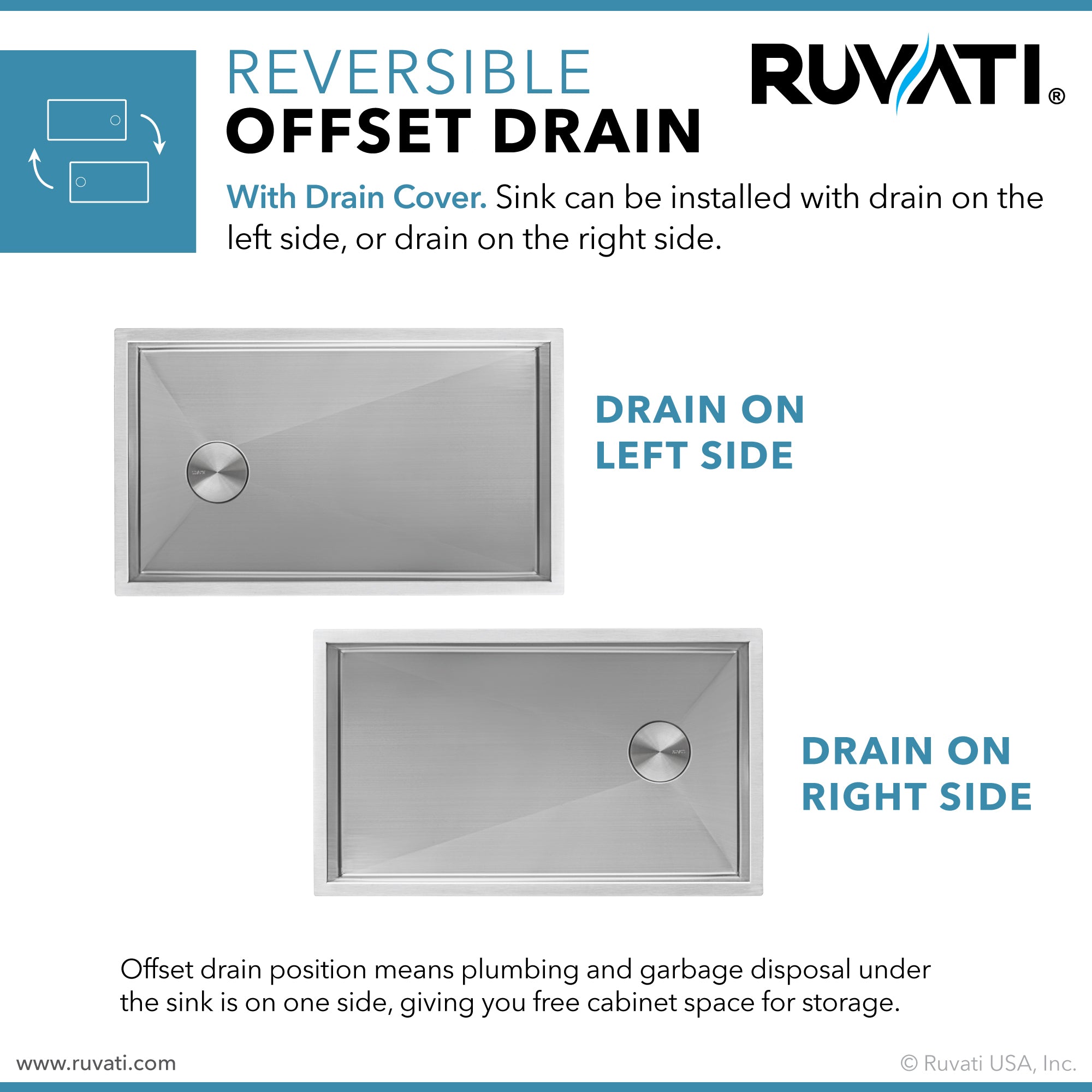 Ruvati 36-inch Slope Bottom Offset Drain Reversible Kitchen Sink Undermount 16 Gauge Stainless Steel – RVH7497