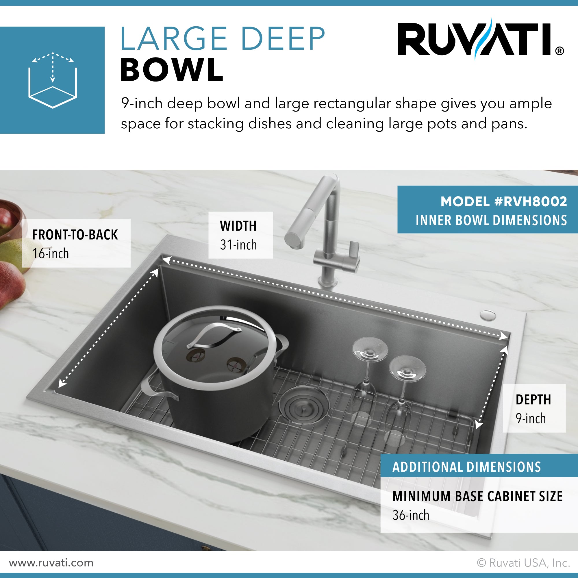 Ruvati 33 x 22 inch Workstation Ledge Drop-in 16 Gauge Stainless Steel Kitchen Sink Single Bowl – RVH8002