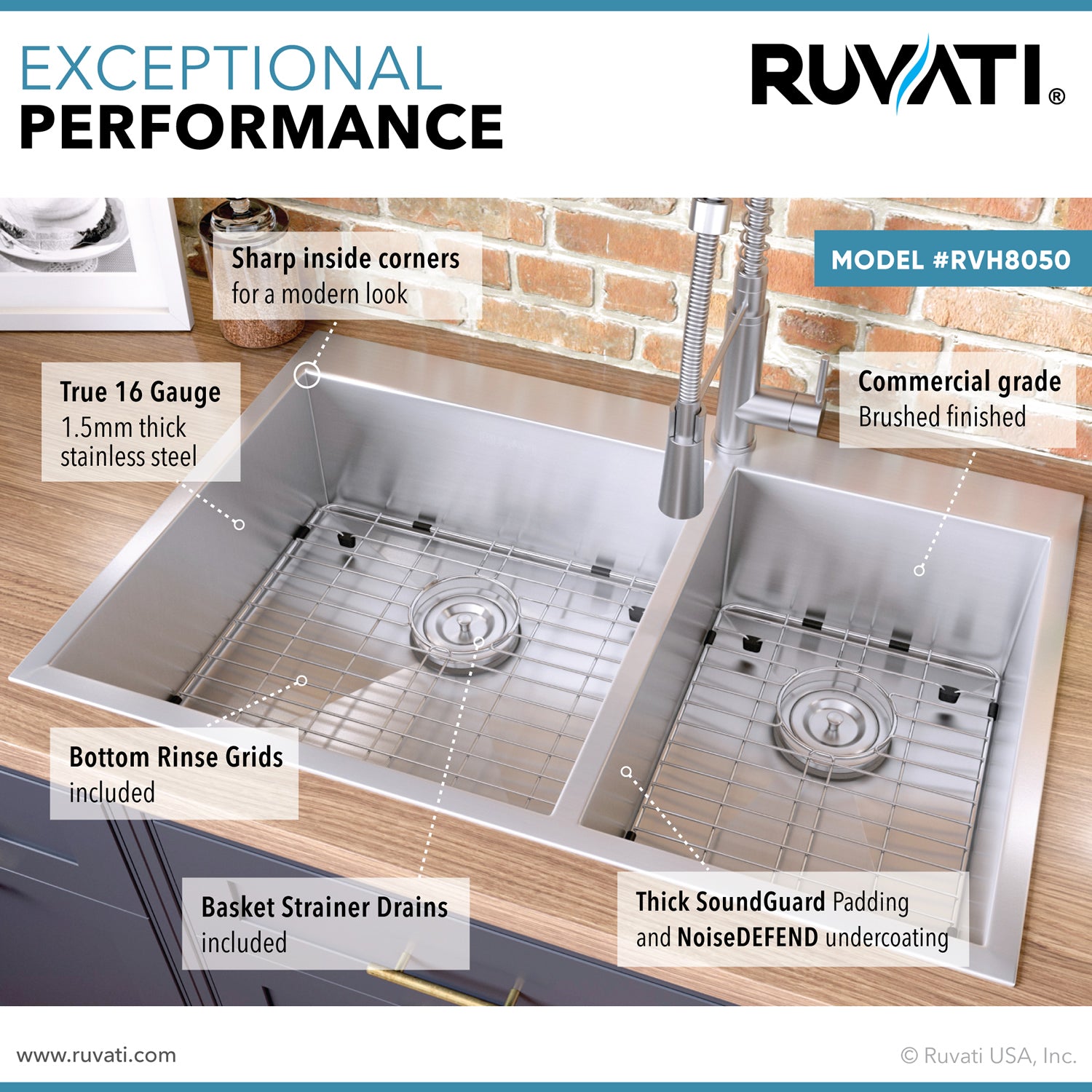 33 x 22 inch Drop-in 60/40 Double Bowl 16 Gauge Zero Radius Topmount Stainless Steel Kitchen Sink