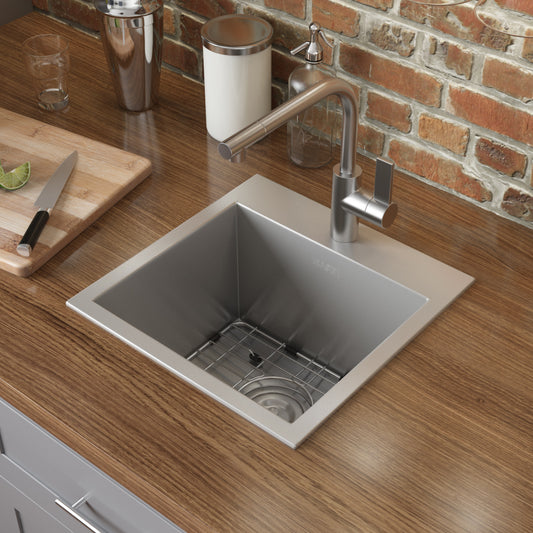 15 x 15 inch Drop-in Topmount Bar Prep Sink 16 Gauge Stainless Steel Single Bowl