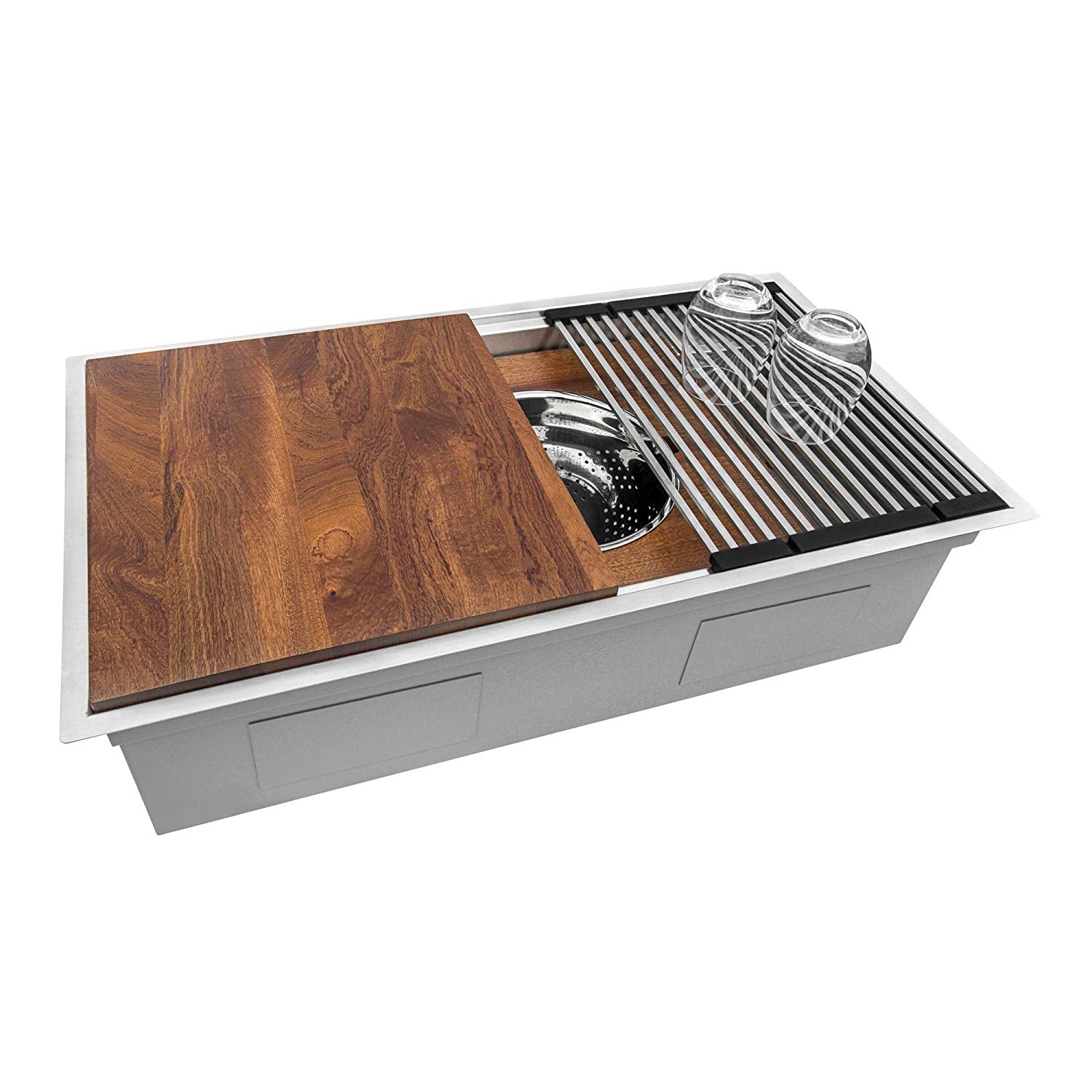 Ruvati 33-inch Workstation Dual Tier Double Bowl Low Divide Undermount 16 Gauge Stainless Steel Kitchen Sink – RVH8255