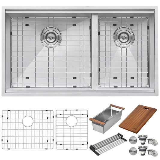 Ruvati 36-inch Workstation 60/40 Double Bowl Undermount 16 Gauge Stainless Steel Kitchen Sink – RVH8359