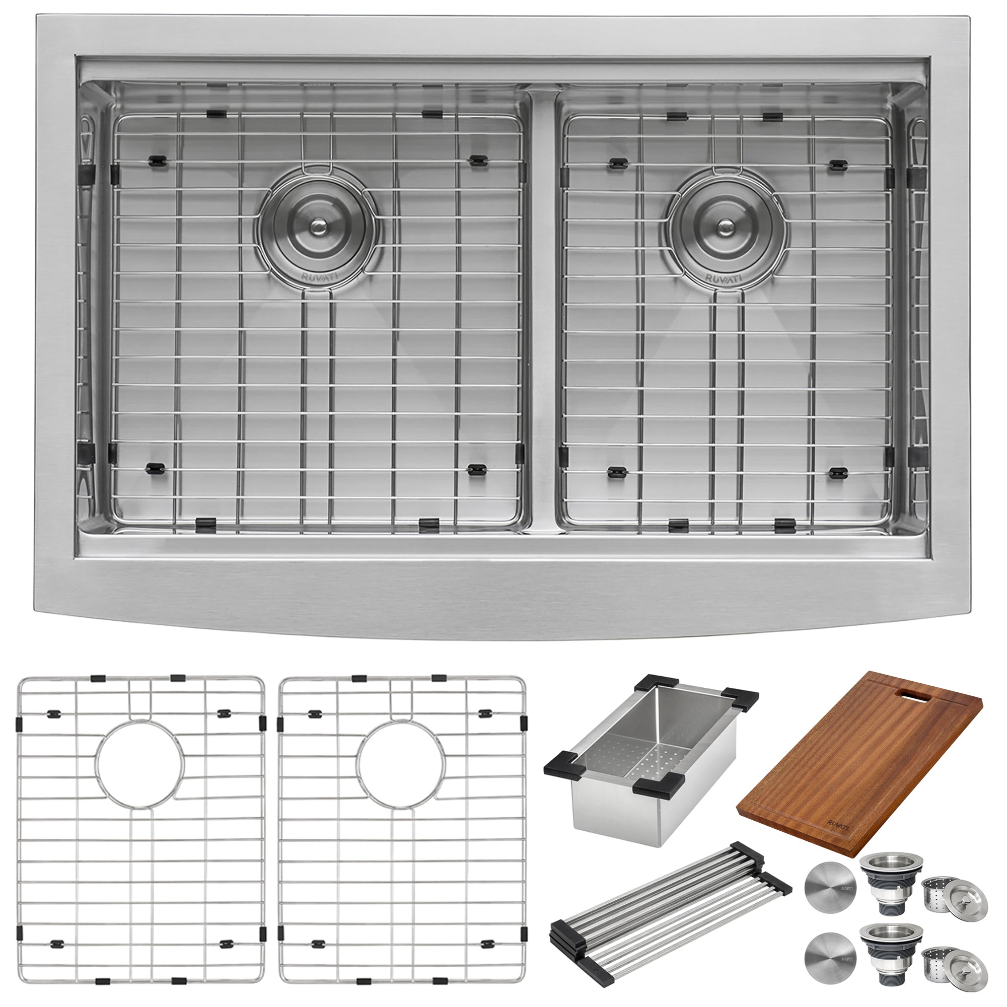 33″ Apron-front Workstation Low-Divide Double Bowl 60/40 Farmhouse Kitchen Sink 16 Gauge Stainless Steel