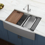 33″ Apron-front Workstation Low-Divide Double Bowl 60/40 Farmhouse Kitchen Sink 16 Gauge Stainless Steel