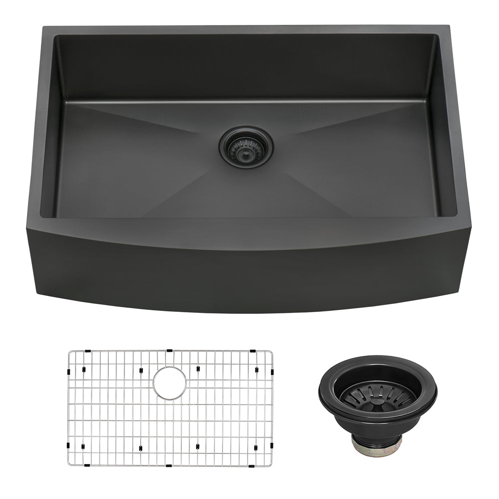 33-inch Apron-Front Farmhouse Kitchen Sink – Gunmetal Black Matte Stainless Steel Single Bowl