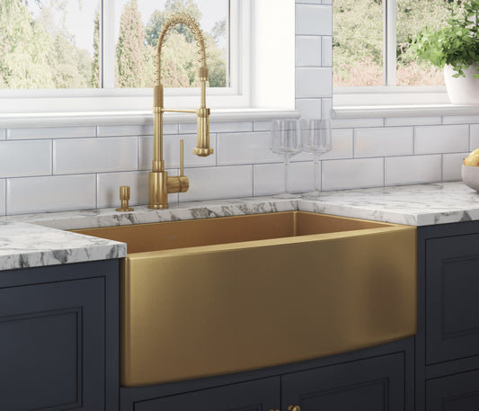 33-inch Apron-Front Farmhouse Kitchen Sink – Brass Tone Matte Gold Stainless Steel Single Bowl