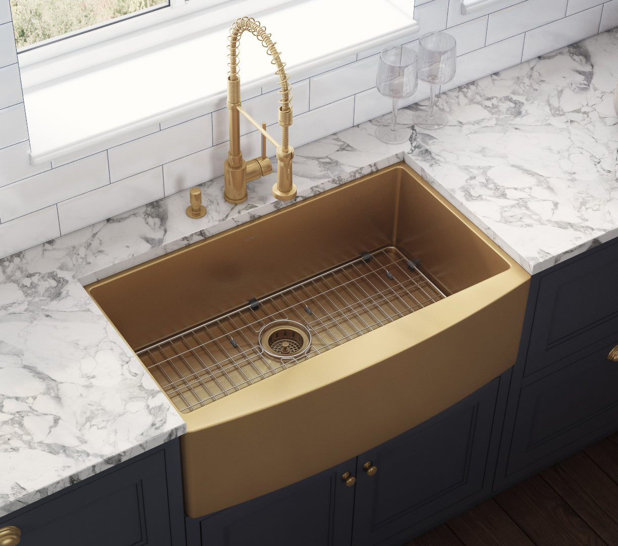 36-inch Apron-Front Farmhouse Kitchen Sink – Brass Tone Matte Gold Stainless Steel Single Bowl