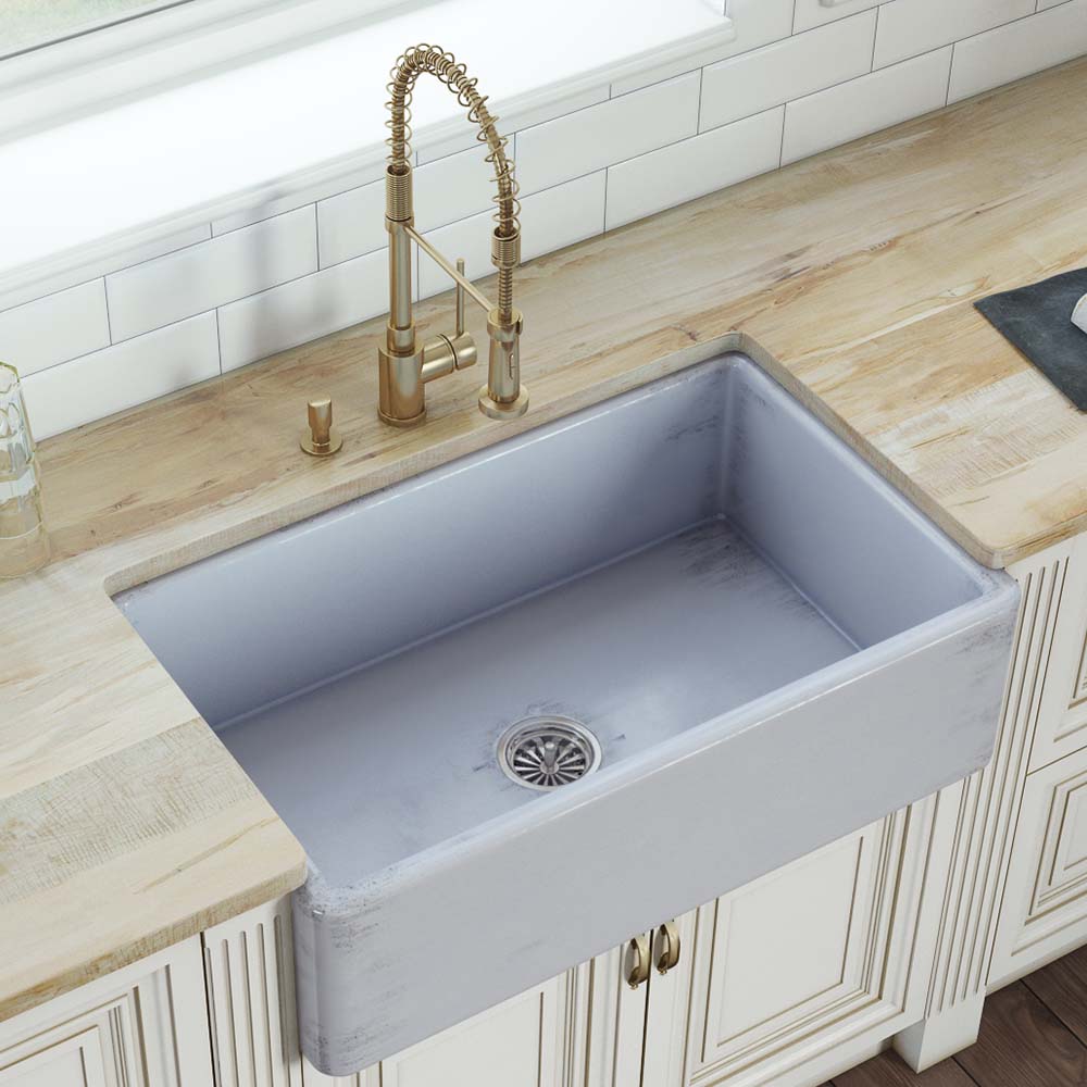 33 inch Fireclay Distressed Finish Farmhouse Apron-Front Kitchen Sink Reversible – Coastal Blue