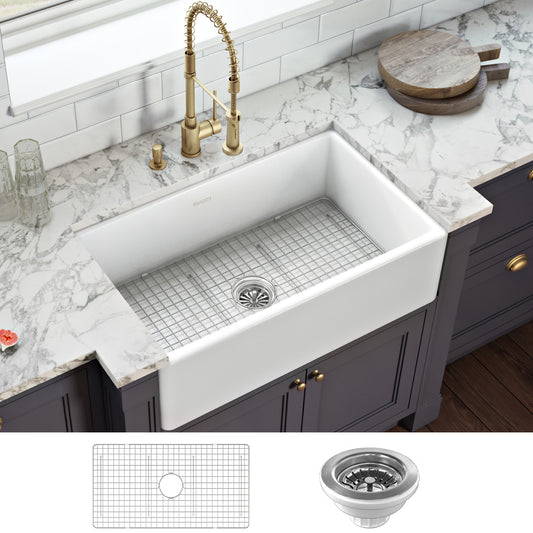 Ruvati 33 x 20 inch Fireclay Reversible Farmhouse Apron-Front Kitchen Sink Single Bowl – White – RVL2300WH